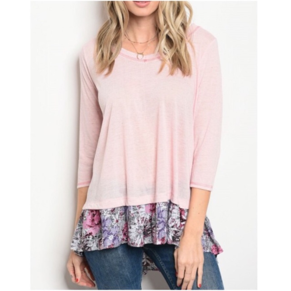 Pastel Pink Slub Knit Top w/ Ruffled Floral Hem💐